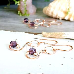 Boho Chic Purple Glass Beaded Dangle Earrings, Hammered Copper Jewelry 2"